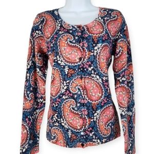 NWT Talbots blue orange tan & red paisley Merino wool cardigan Womens Large